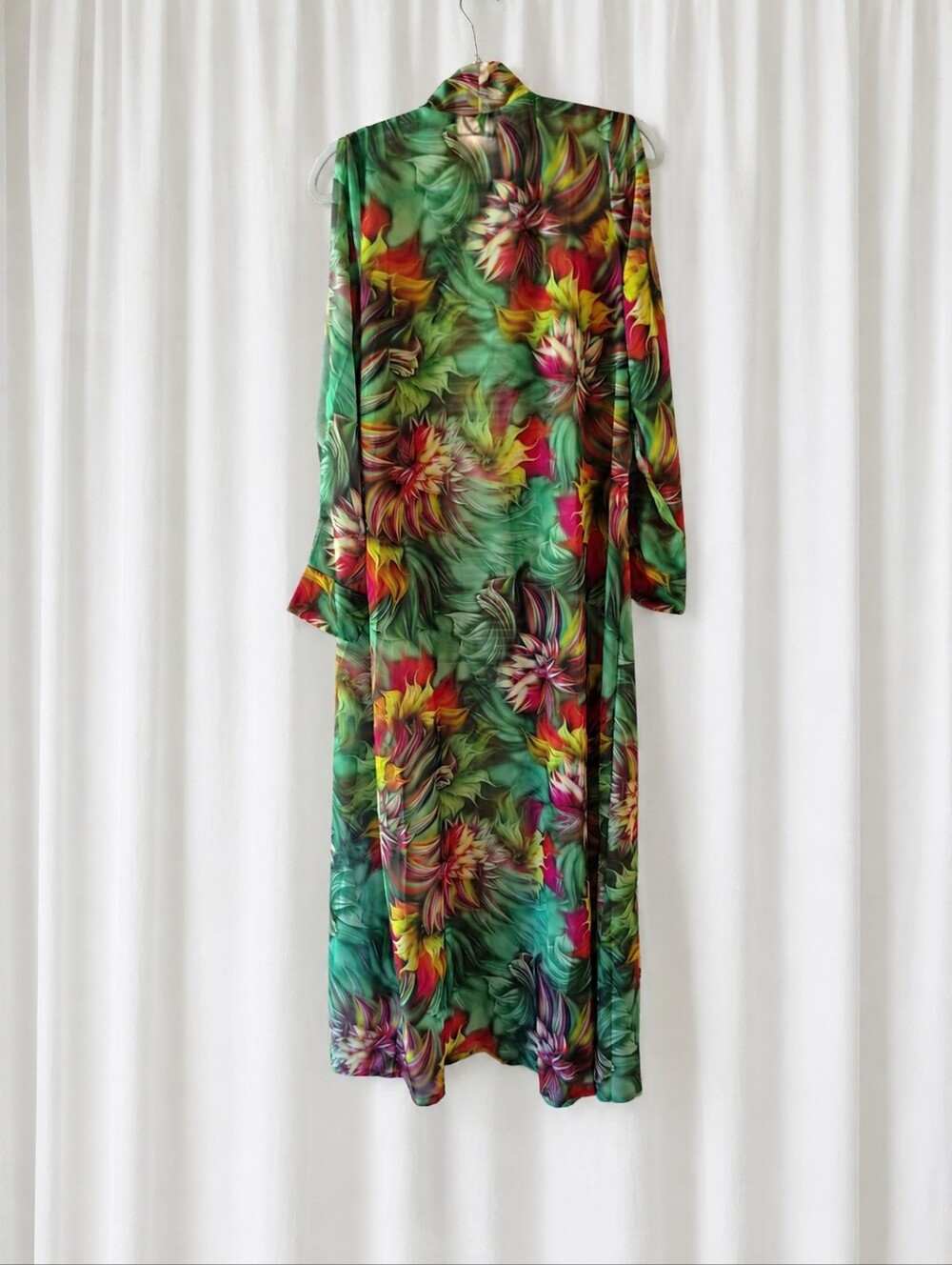 Floral Open Front Duster Cover Up Maxi Split Sleeves Green Red Yellow Festival - Picture 4 of 4